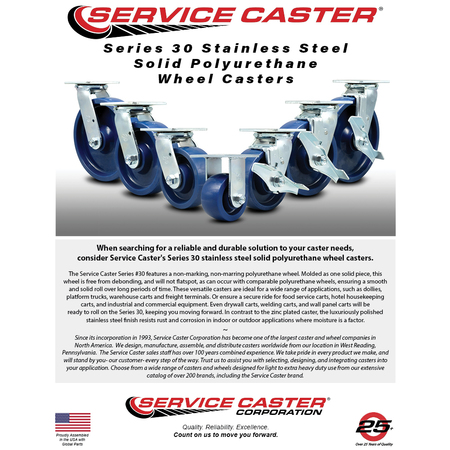 Service Caster 8 Inch SS Solid Poly Caster Set with Roller Bearings and Brake/Swivel Lock SCC SCC-SS30S820-SPUR-TLB-BSL-4